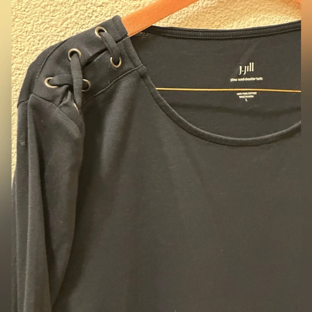 J. Jill Top Women Navy 100% Pima Cotton Pullover Long Sleeve Laced Shoulder Sz L